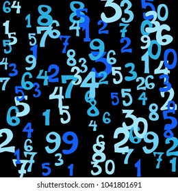 Falling colorful numbers on black background. Abstract colorful background for card or print. Pattern of randomly distributed numbers from zero to nine in color.