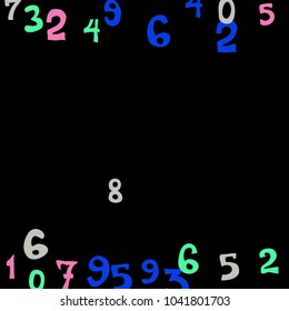 Falling colorful numbers on black background. Abstract background of color numbers for card or print. Pattern of randomly distributed numbers from zero to nine in color.