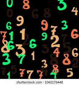 Falling colorful numbers on black background. Abstract background of color numbers for card or banner. Pattern of randomly distributed numbers from zero to nine in color.