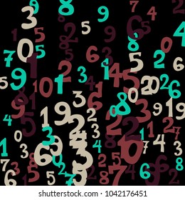 Falling colorful numbers on black background. Abstract background of color numbers for card or banner. Pattern of randomly distributed numbers from zero to nine in color.