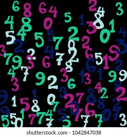Falling colorful numbers on black background. Abstract background of color numbers for banner or poster. Pattern of randomly distributed numbers from zero to nine in color.