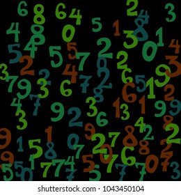 Falling colorful numbers on black background. Abstract colorful background for banner or poster. Pattern of randomly distributed numbers from zero to nine in color.