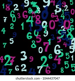 Falling colorful numbers on black background. Abstract background of color numbers for card or print. Pattern of randomly distributed numbers from zero to nine in color.