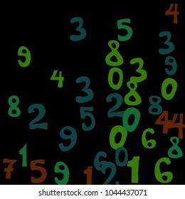 Falling colorful numbers on black background. Abstract colorful background for card or print. Pattern of randomly distributed numbers from zero to nine in color.