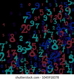 Falling colorful numbers on black background. Abstract background of color numbers for card or banner. Pattern of randomly distributed numbers from zero to nine in color.