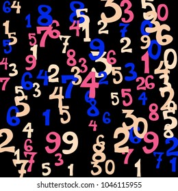 Falling colorful numbers on black background. Abstract background of color numbers for card or print. Pattern of randomly distributed numbers from zero to nine in color.