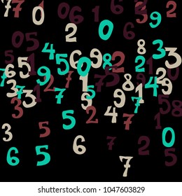 Falling colorful numbers on black background. Abstract colorful background for card or banner. Pattern of randomly distributed numbers from zero to nine in color.