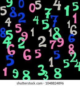 Falling colorful numbers on black background. Abstract colorful background for card or banner. Pattern of randomly distributed numbers from zero to nine in color.