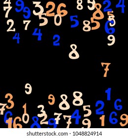 Falling colorful numbers on black background. Abstract background of color numbers for card or print. Pattern of randomly distributed numbers from zero to nine in color.