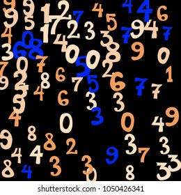 Falling colorful numbers on black background. Abstract background of color numbers for banner or poster. Pattern of randomly distributed numbers from zero to nine in color.