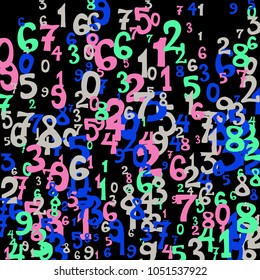 Falling colorful numbers on black background. Abstract colorful background for card or print. Pattern of randomly distributed numbers from zero to nine in color.