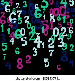 Falling colorful numbers on black background. Abstract colorful background for card or banner. Pattern of randomly distributed numbers from zero to nine in color.