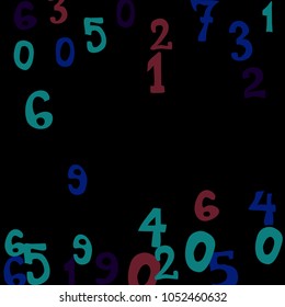 Falling colorful numbers on black background. Abstract background of color numbers for card or print. Pattern of randomly distributed numbers from zero to nine in color.