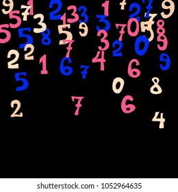 Falling colorful numbers on black background. Abstract background of color numbers for card or print. Pattern of randomly distributed numbers from zero to nine in color.