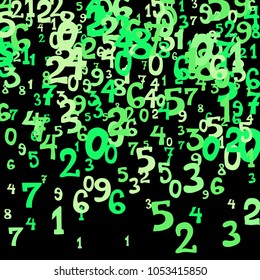 Falling colorful numbers on black background. Abstract colorful background for banner or poster. Pattern of randomly distributed numbers from zero to nine in color.