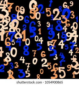 Falling colorful numbers on black background. Abstract colorful background for card or banner. Pattern of randomly distributed numbers from zero to nine in color.