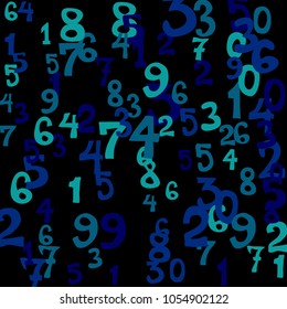 Falling colorful numbers on black background. Abstract background of color numbers for banner or poster. Pattern of randomly distributed numbers from zero to nine in color.