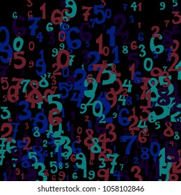 Falling colorful numbers on black background. Abstract background of color numbers for card or banner. Pattern of randomly distributed numbers from zero to nine in color.