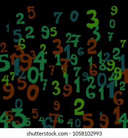 Falling colorful numbers on black background. Abstract background of color numbers for card or print. Pattern of randomly distributed numbers from zero to nine in color.