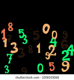 Falling colorful numbers on black background. Abstract background of color numbers for banner or poster. Pattern of randomly distributed numbers from zero to nine in color.