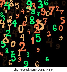 Falling colorful numbers on black background. Abstract background of color numbers for banner or poster. Pattern of randomly distributed numbers from zero to nine in color.