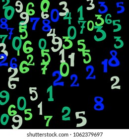 Falling colorful numbers on black background. Abstract background of color numbers for card or print. Pattern of randomly distributed numbers from zero to nine in color.