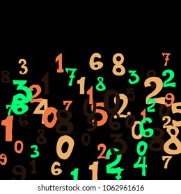 Falling colorful numbers on black background. Abstract colorful background for banner or poster. Pattern of randomly distributed numbers from zero to nine in color.