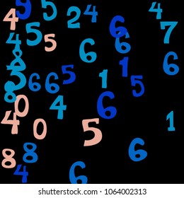 Falling colorful numbers on black background. Abstract colorful background for card or print. Pattern of randomly distributed numbers from zero to nine in color.