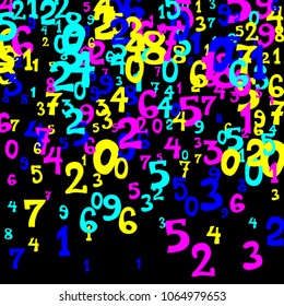 Falling colorful numbers on black background. Abstract colorful background for card or print. Pattern of randomly distributed numbers from zero to nine in color.