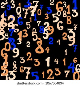 Falling colorful numbers on black background. Abstract background of color numbers for card or banner. Pattern of randomly distributed numbers from zero to nine in color.