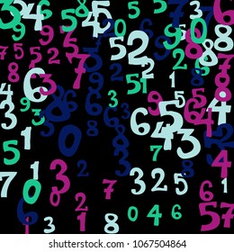 Falling colorful numbers on black background. Abstract background of color numbers for banner or poster. Pattern of randomly distributed numbers from zero to nine in color.