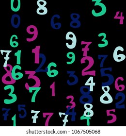Falling colorful numbers on black background. Abstract colorful background for banner or poster. Pattern of randomly distributed numbers from zero to nine in color.