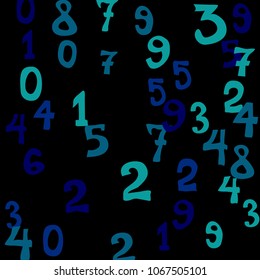 Falling colorful numbers on black background. Abstract colorful background for banner or poster. Pattern of randomly distributed numbers from zero to nine in color.