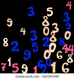 Falling colorful numbers on black background. Abstract colorful background for card or print. Pattern of randomly distributed numbers from zero to nine in color.