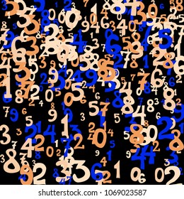 Falling colorful numbers on black background. Abstract colorful background for card or banner. Pattern of randomly distributed numbers from zero to nine in color.