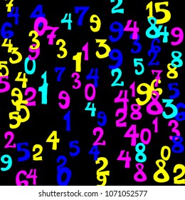 Falling colorful numbers on black background. Abstract colorful background for card or print. Pattern of randomly distributed numbers from zero to nine in color.