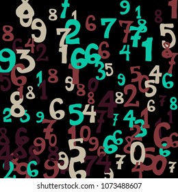 Falling colorful numbers on black background. Abstract colorful background for banner or poster. Pattern of randomly distributed numbers from zero to nine in color.