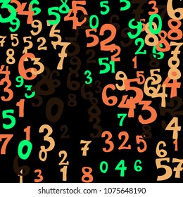 Falling colorful numbers on black background. Abstract background of color numbers for banner or poster. Pattern of randomly distributed numbers from zero to nine in color.