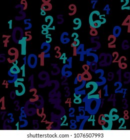 Falling colorful numbers on black background. Abstract background of color numbers for card or print. Pattern of randomly distributed numbers from zero to nine in color.