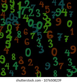 Falling colorful numbers on black background. Abstract background of color numbers for card or print. Pattern of randomly distributed numbers from zero to nine in color.