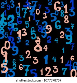 Falling colorful numbers on black background. Abstract background of color numbers for card or print. Pattern of randomly distributed numbers from zero to nine in color.