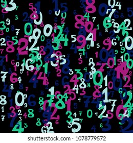 Falling colorful numbers on black background. Abstract colorful background for banner or poster. Pattern of randomly distributed numbers from zero to nine in color.