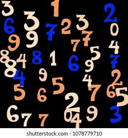 Falling colorful numbers on black background. Abstract background of color numbers for card or banner. Pattern of randomly distributed numbers from zero to nine in color.