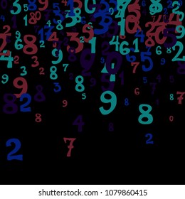 Falling colorful numbers on black background. Abstract colorful background for card or print. Pattern of randomly distributed numbers from zero to nine in color.