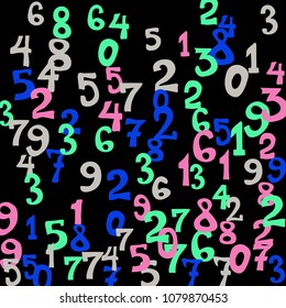 Falling colorful numbers on black background. Abstract colorful background for banner or poster. Pattern of randomly distributed numbers from zero to nine in color.