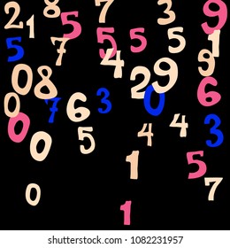 Falling colorful numbers on black background. Abstract background of color numbers for card or banner. Pattern of randomly distributed numbers from zero to nine in color.