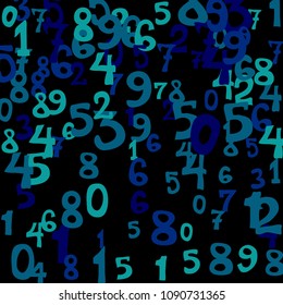 Falling colorful numbers on black background. Abstract colorful background for card or banner. Pattern of randomly distributed numbers from zero to nine in color.