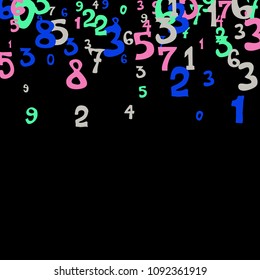 Falling colorful numbers on black background. Abstract background of color numbers for card or banner. Pattern of randomly distributed numbers from zero to nine in color.