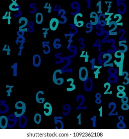 Falling colorful numbers on black background. Abstract background of color numbers for card or banner. Pattern of randomly distributed numbers from zero to nine in color.