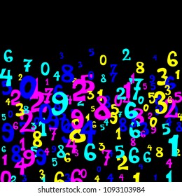 Falling colorful numbers on black background. Abstract background of color numbers for card or banner. Pattern of randomly distributed numbers from zero to nine in color.